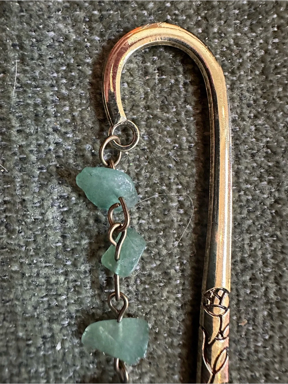Antique Silver-Tone Dragon Bookmark with Green Stone Dangles